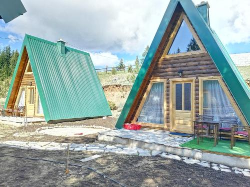 a small house with a green roof and a table at M&K chalets in Žabljak