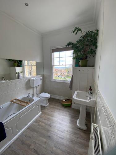 a white bathroom with a sink and a toilet at The Cafe Apartment in Great Malvern
