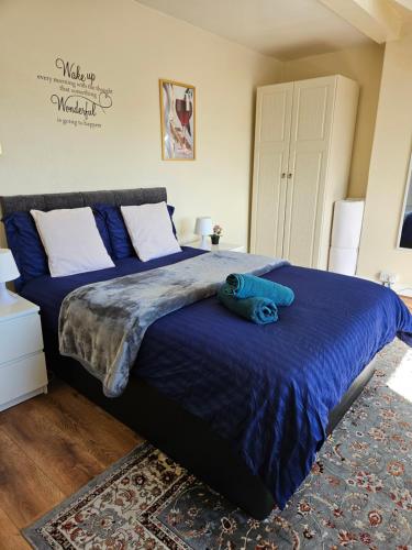 1 dormitorio con 1 cama grande y edredón azul en Homely double bed, TV, Wi-Fi and garden, en Leeds