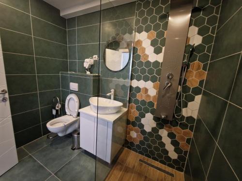a bathroom with a toilet and a sink and a shower at Apartmani Maksa in Stanovo