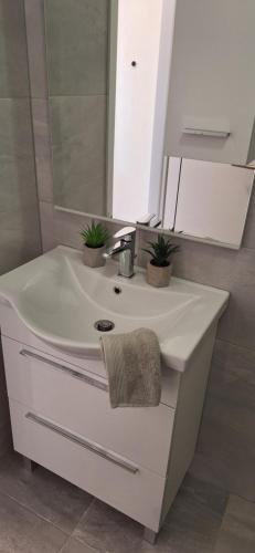 a bathroom with a sink with two potted plants on it at Aurora with the view in Rijeka