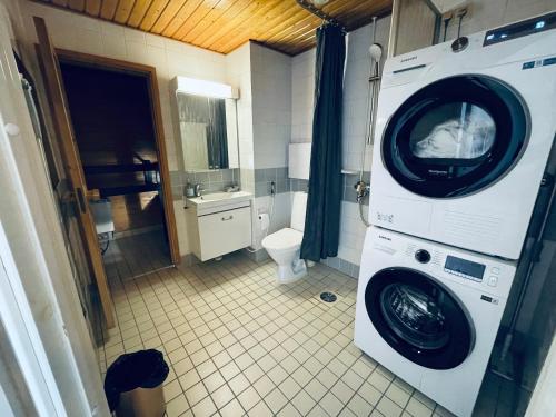 Ruoholahti Apartment with private sauna في هلسنكي: وجود غسالة في الحمام مع مرحاض