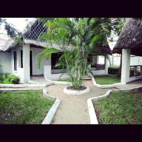 un patio con una palmera frente a una casa en Haven Resort en Dar es Salaam