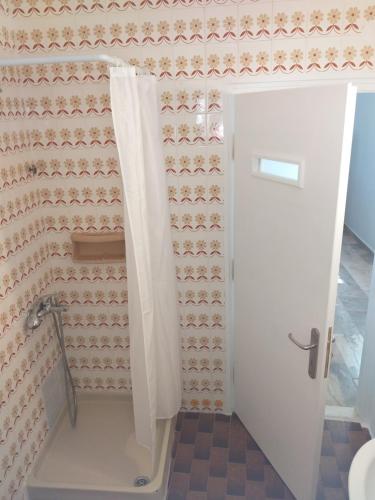 La salle de bains est pourvue de toilettes et d'une porte blanche. dans l'établissement Skala Central House, à Skala