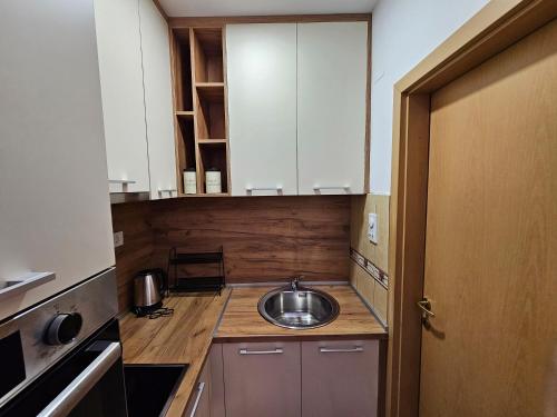 a small kitchen with a sink and a counter at Dom M Apartments in Budva