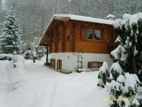 a log cabin with snow on it in the yard at Ferienwohnung in Walkenried mit Gepflegtem Garten in Walkenried