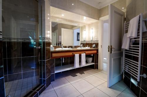 a bathroom with a shower and a sink and a mirror at Altes Landhaus Country Lodge in Oudtshoorn
