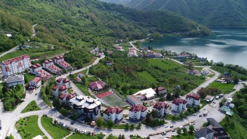an aerial view of a town on a hill next to a lake at Apartman Sara in Pluzine