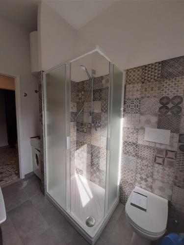 La salle de bains est pourvue d'une douche et de toilettes. dans l'établissement La Casa di Amelie, à Parme