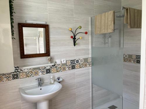 een badkamer met een wastafel en een douche bij La Source de la Liane 