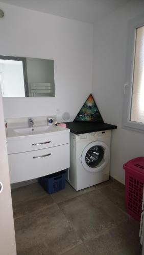 une salle de bain avec un lavabo et une machine à laver dans l'établissement Chez Chris et Marie, à Les Mages