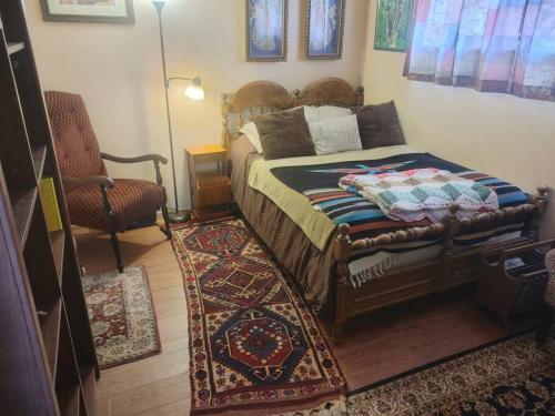 a bedroom with a bed and a chair and a rug at The Ganja Getaway in Arroyo Grande