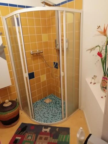 une douche avec une porte vitrée dans une salle de bain dans l'établissement grand studio La Rochelle, à La Rochelle