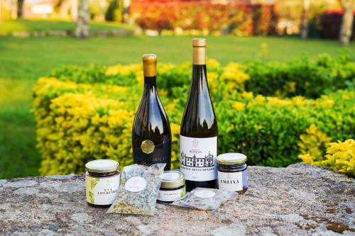 two bottles of wine sitting on top of a rock at Solar das Bouças by Quantique in Amares