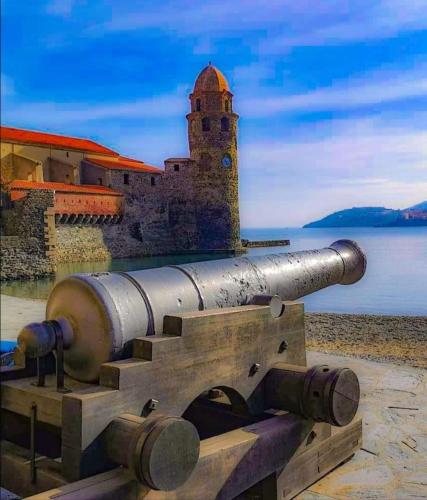 a large cannon in front of a building and the water at Villa SOREDE in Sorède