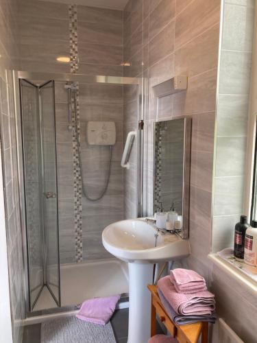 a bathroom with a sink and a shower at Fitzgerald's Farmhouse Accommodation V94 YY47 in Abbeyfeale