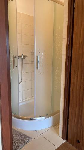 a shower with a glass door in a bathroom at Pokoje gościnne Śliwka in Mrzeżyno