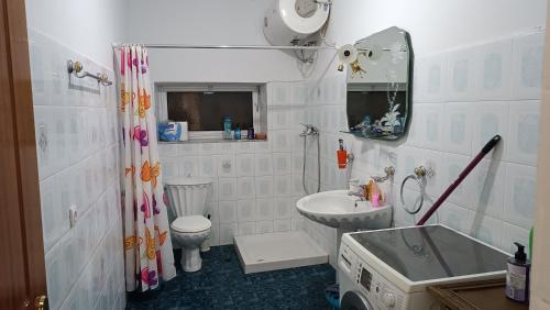 a bathroom with a sink and a toilet and a mirror at Green Haven Cottage in Delvinë