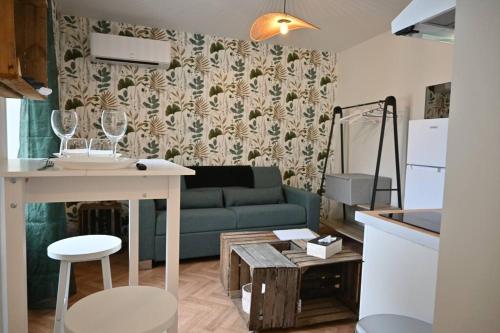 a living room with a couch and a table at Le Botanique Centre Clim WIFI in Châteauroux