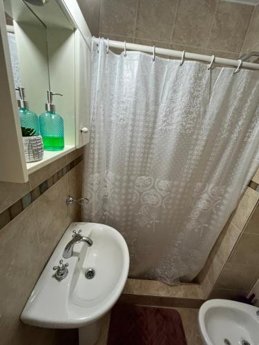 uma casa de banho com um lavatório e uma cortina de chuveiro em Rosario centro em Rosário