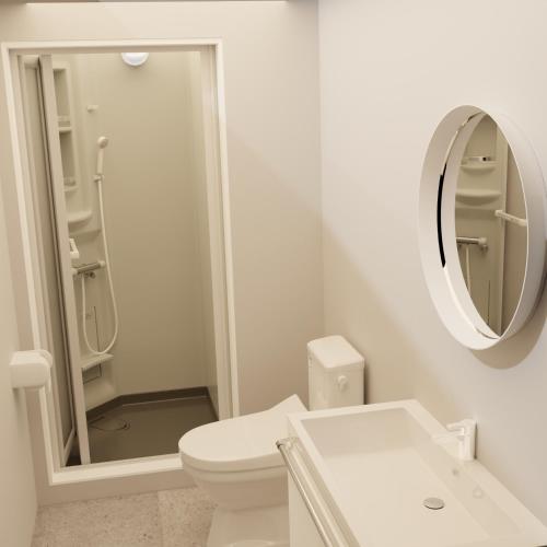 a white bathroom with a shower and a toilet at My Home Inn Sennan, Onosato in Ozaki