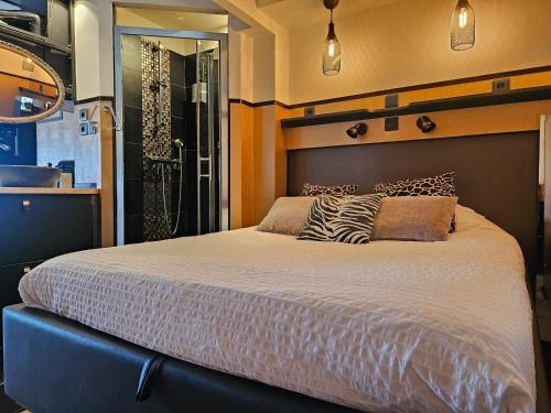 um quarto com uma cama grande e um chuveiro em Apartment Naturist Cap In Loft em Cap d'Agde