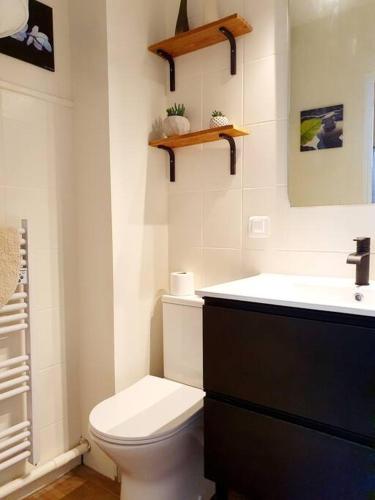 une salle de bain avec des toilettes blanches et un lavabo dans l'établissement Charmant studio vue montagne, à Digne-Les-Bains