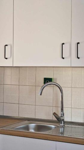 a kitchen counter with a sink and white cabinets at Kofinaki apartment 2 in Tycherón