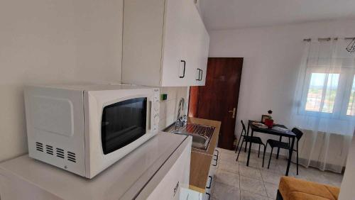 a microwave on top of a counter in a kitchen at Kofinaki apartment 2 in Tycherón