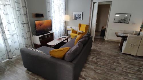 a living room with a couch and a television at Olive Tree City Apartment in Zagreb