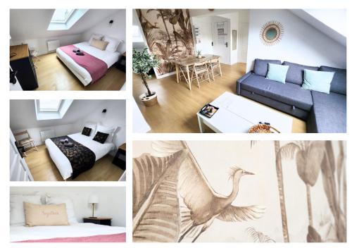 un collage de quatre photos d'une pièce dans l'établissement Top Central Tours - Vue Basilique Saint Martin, à Tours