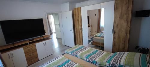 a room with a flat screen tv and a bedroom at Infinity Ferienwohnung/Home in Ostrach