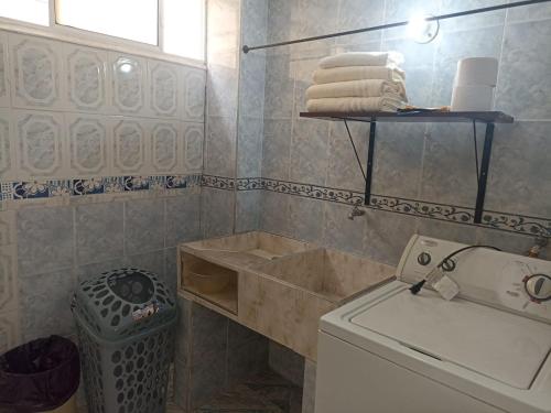 een badkamer met een wasmachine en handdoeken op een plank bij Apartamento Céntrico in Cali
