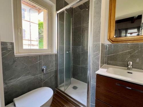 e bagno con doccia, servizi igienici e lavandino. di Siena Apartment 2 Parcheggio privato e giardino a Siena