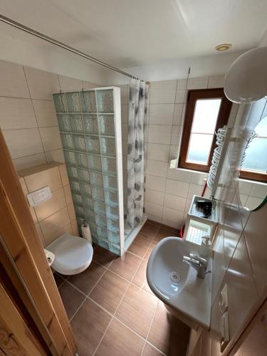 a bathroom with a sink and a toilet and a shower at Pod Wodospadem Domki Całoroczne in Wisła