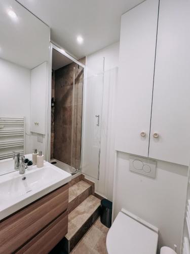 une salle de bain avec un lavabo, des toilettes et une douche dans l'établissement Petite maison avec jardin à Paris, à Aubervilliers