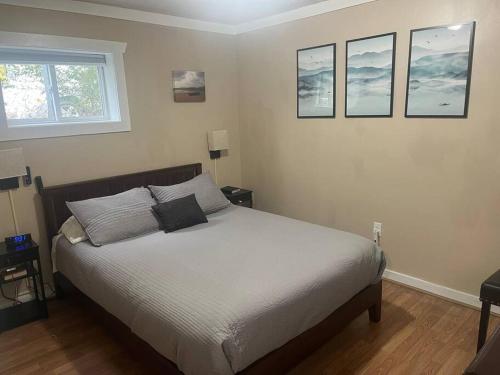 1 dormitorio con 1 cama con 4 cuadros en la pared en The Fishing Hole - Newly renovated Suite apt 4 en Bryson City
