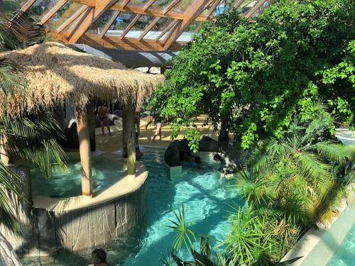 une piscine extérieure avec un parasol en paille et de l'eau dans l'établissement Maison au calme au bord des bois, à Saint-Aubin-de-Médoc