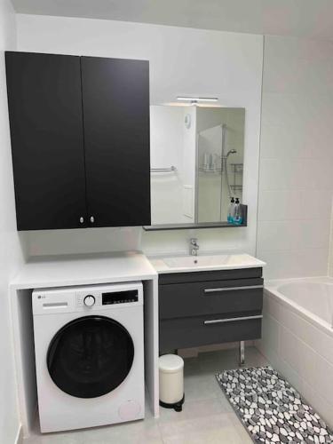 une salle de bain avec une machine à laver et un lavabo dans l'établissement Appartement chaleureux à côté de Disneyland-Paris et Val d Europe, à Chessy