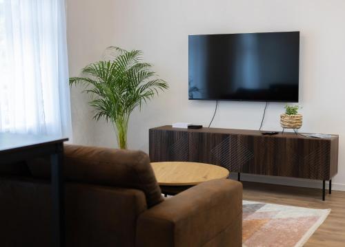 een woonkamer met een bank en een tv bij Apartamentai Upės Namai in Šilutė