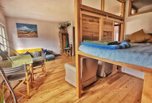a bedroom with a bunk bed and a living room at Acogedor y luminoso eco-estudio en Gijón in Gijón