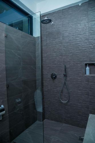 a bathroom with a shower with a glass door at Shose Farmhouse Chalets & Campsite in Moshi