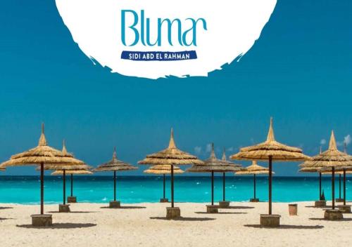 un grupo de sombrillas de paja en una playa en Blumar Sidi Abdel Rahman 2 bedrooms Chalet North Coast, en El Alamein