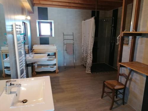 a bathroom with a white sink and a shower at Gite Le marronnier - Parthenay - 10 personnes - Gite à la campagne à 3 kms du centre-ville in Parthenay