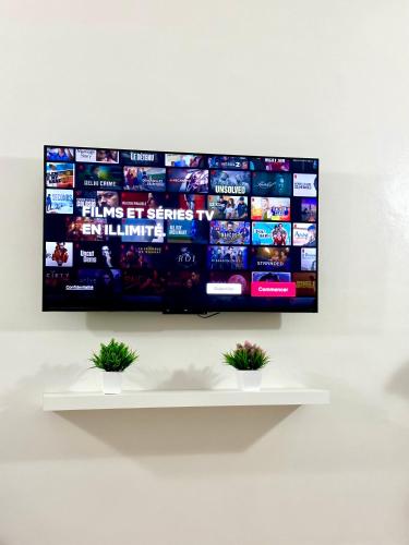 a flat screen tv hanging on a wall with two plants at Jolie Appt à skhirat 5min de la plage par voiture in Skhirat