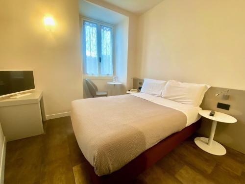 a hotel room with a bed and a television at Hotel Vittorio in Desenzano del Garda