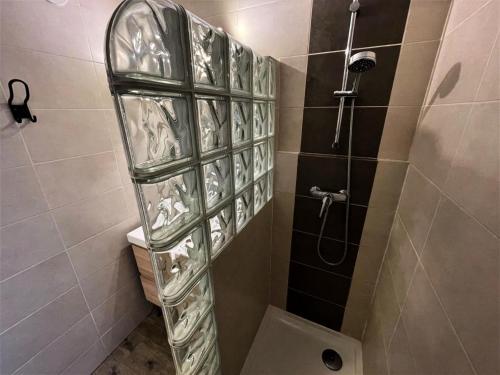 La salle de bains est pourvue d'une douche et d'une étagère en verre. dans l'établissement Résidence Chaviere - Grand 2 pièces au coeur des Ménuires, ski aux pieds MAE-4844, aux Menuires