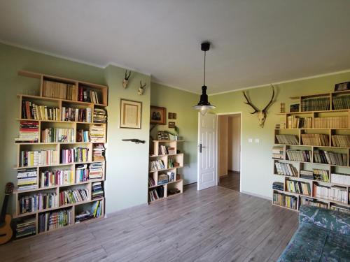 a room with several bookshelves filled with books at Dom w Siedlisku pod Orzechem in Przyłęk