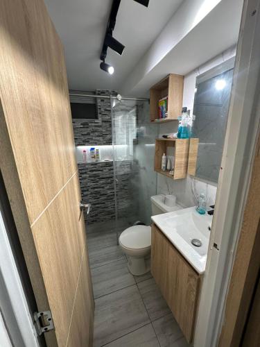 een badkamer met een toilet, een wastafel en een douche bij Apartamento en Bogotá en primavera in Bogota