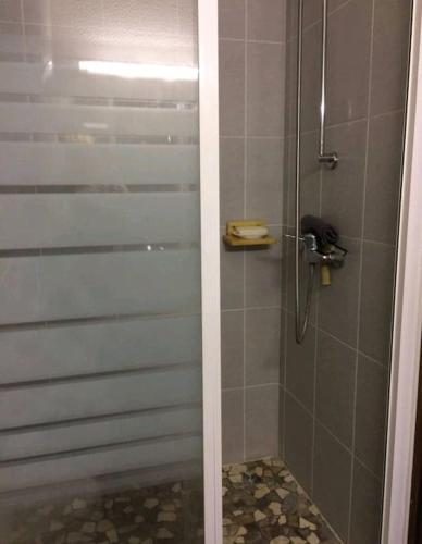 une salle de bain avec une douche avec une porte vitrée dans l'établissement La cabane d'en haut, à Manigod